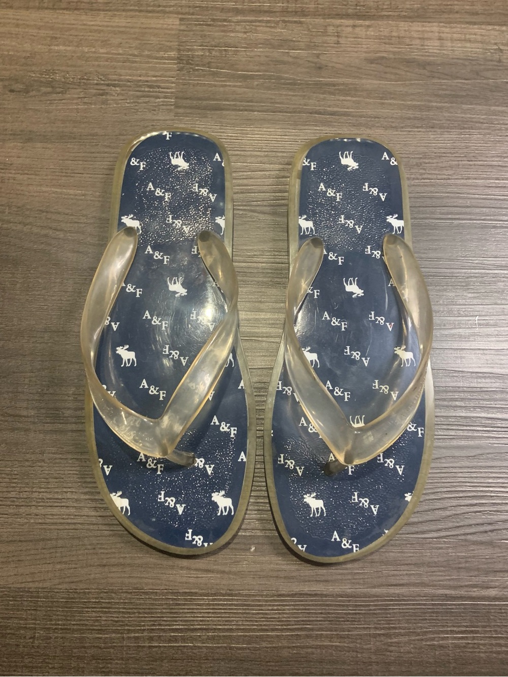 Abercrombie & Fitch Navy Logo Flip Flop Sandals with Clear Straps
